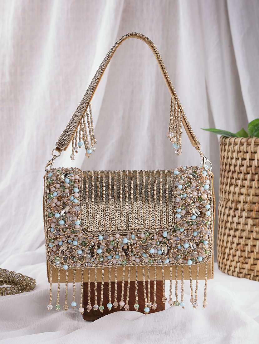 anekaant gold suede embellished fold over clutch