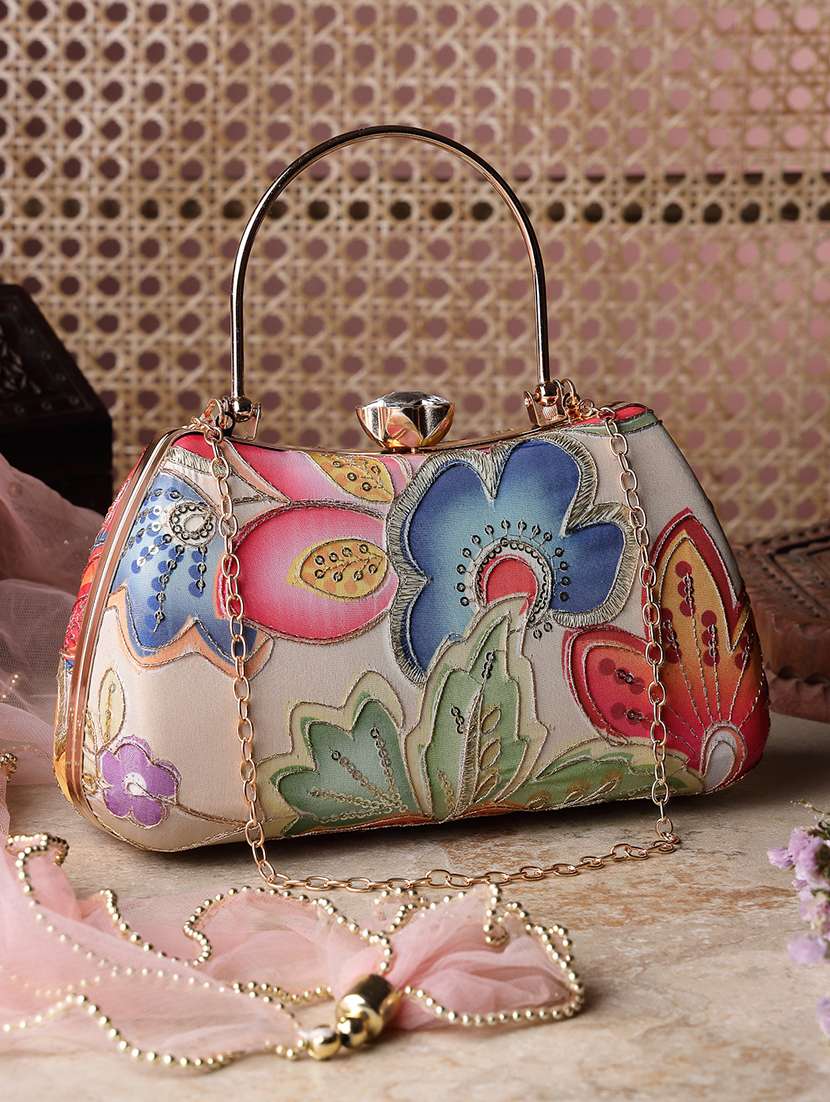 beige floral printed clutch with push tack closure
