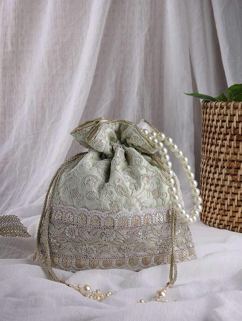 mint green faux silk floral embroidered potli with pearl handle