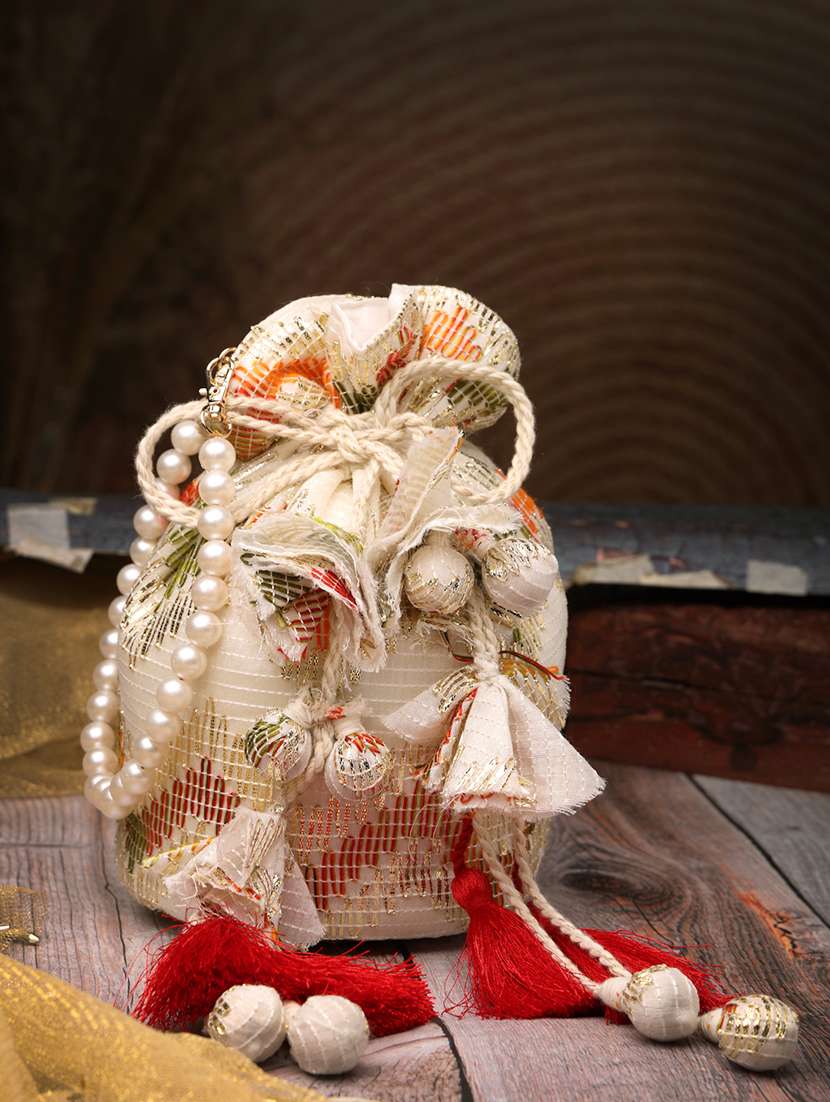 off white chevron potli bag with drawstring closure and pearl beaded handle
