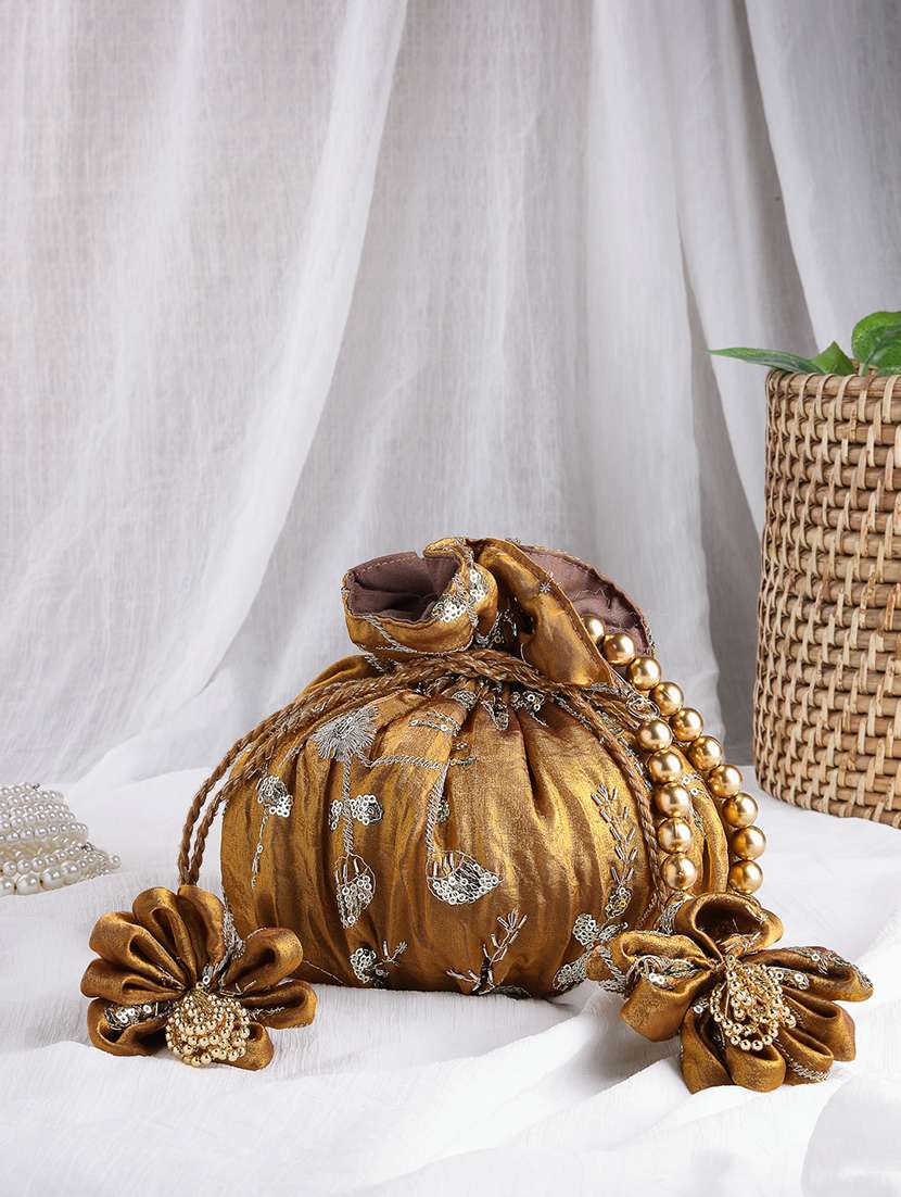 embellished floral faux silk ethnic potli bag with drawstring closure