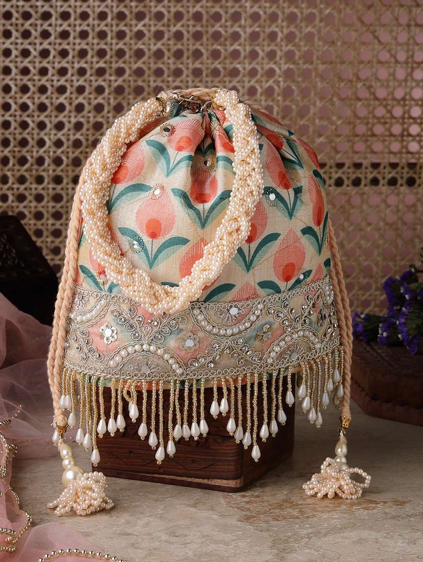 beige floral embellished potli bag with drawstring closure