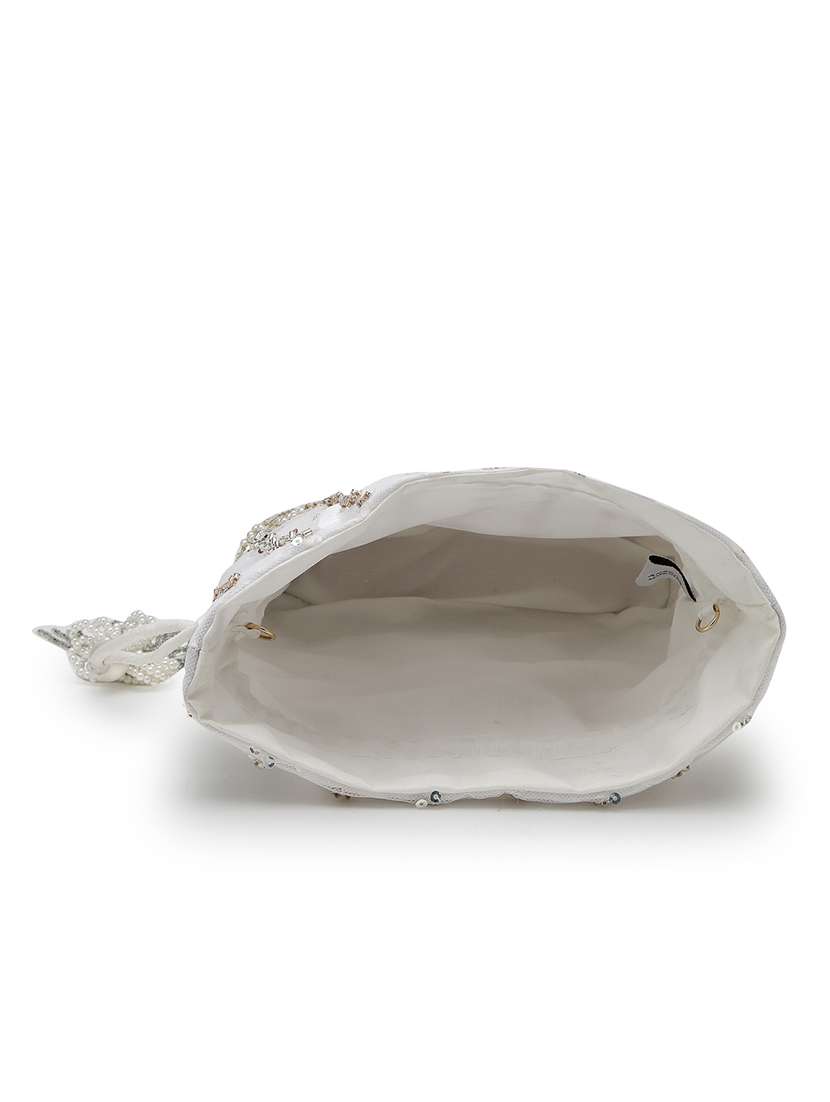 white floral embellished satin potli bag with drawstring closure - 22528957 -  Standard Image - 2