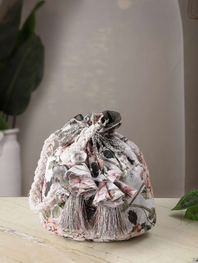 floral printed faux silk ethnic potli with drawstring closure
