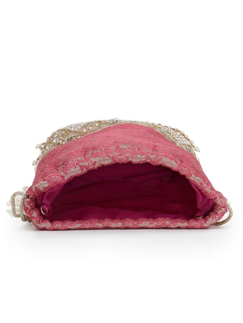 ethnic pink floral faux silk potli bag with drawstring closure - 22528962 -  Standard Image - 2