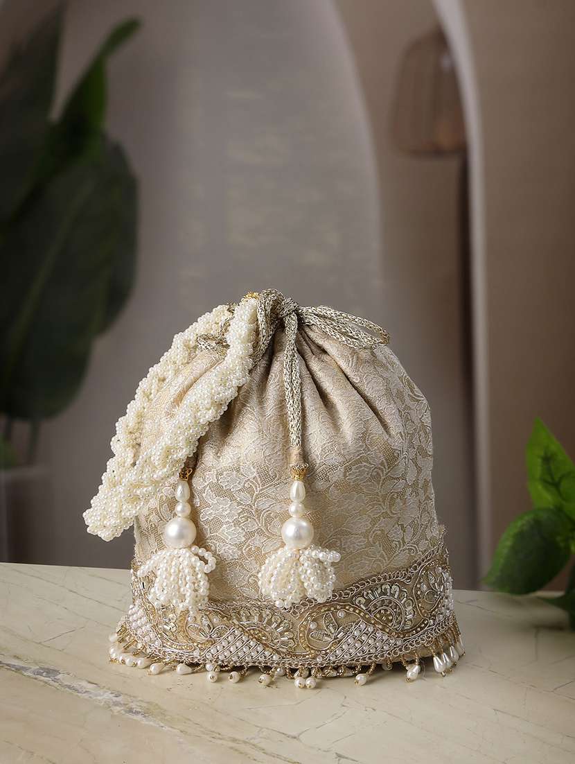 floral jacquard potli bag with embellished work and drawstring closure