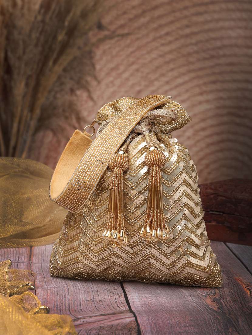 gold suede embellished chevron sequin potli bag