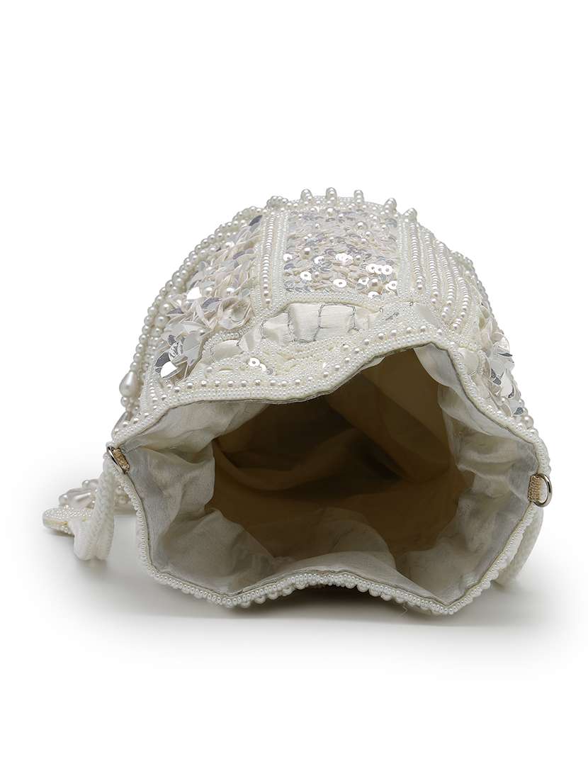 off white faux silk embellished floral potli bag for party - 22528972 -  Standard Image - 2