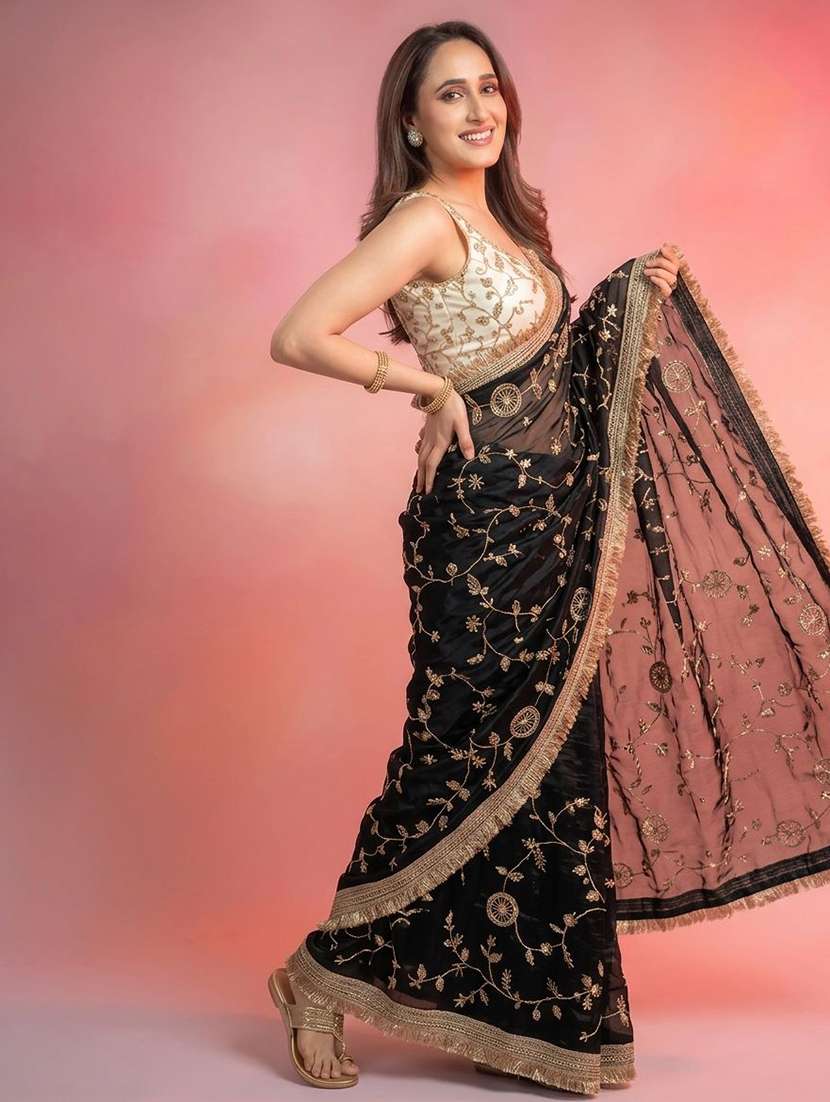black silk embroidered saree with blouse - 22539890 -  Standard Image - 2