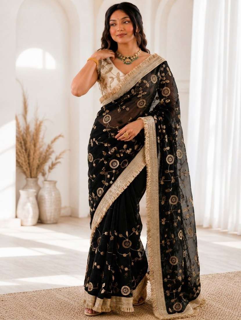 black silk embroidered saree with blouse