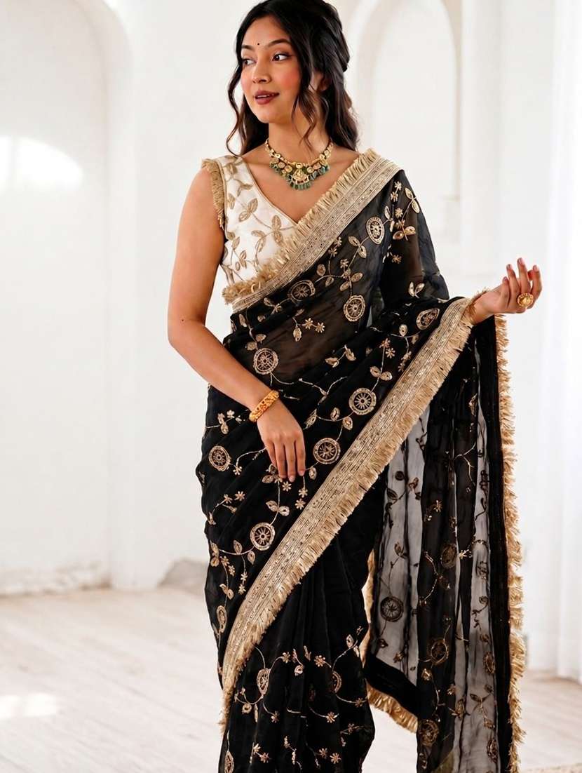 black silk embroidered saree with blouse - 22539891 -  Standard Image - 2