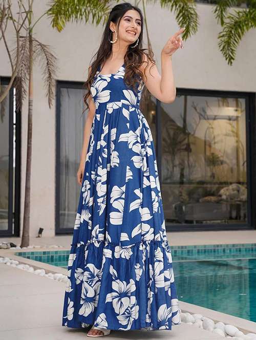 maxi dresses online india Biba Ladies Maxi Dresses Online Buy Indigo Cotton Floral Tiered Dress Online  At Biba India