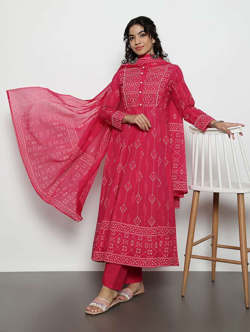 women printed long sleeves kurta and palazzo set with dupatta