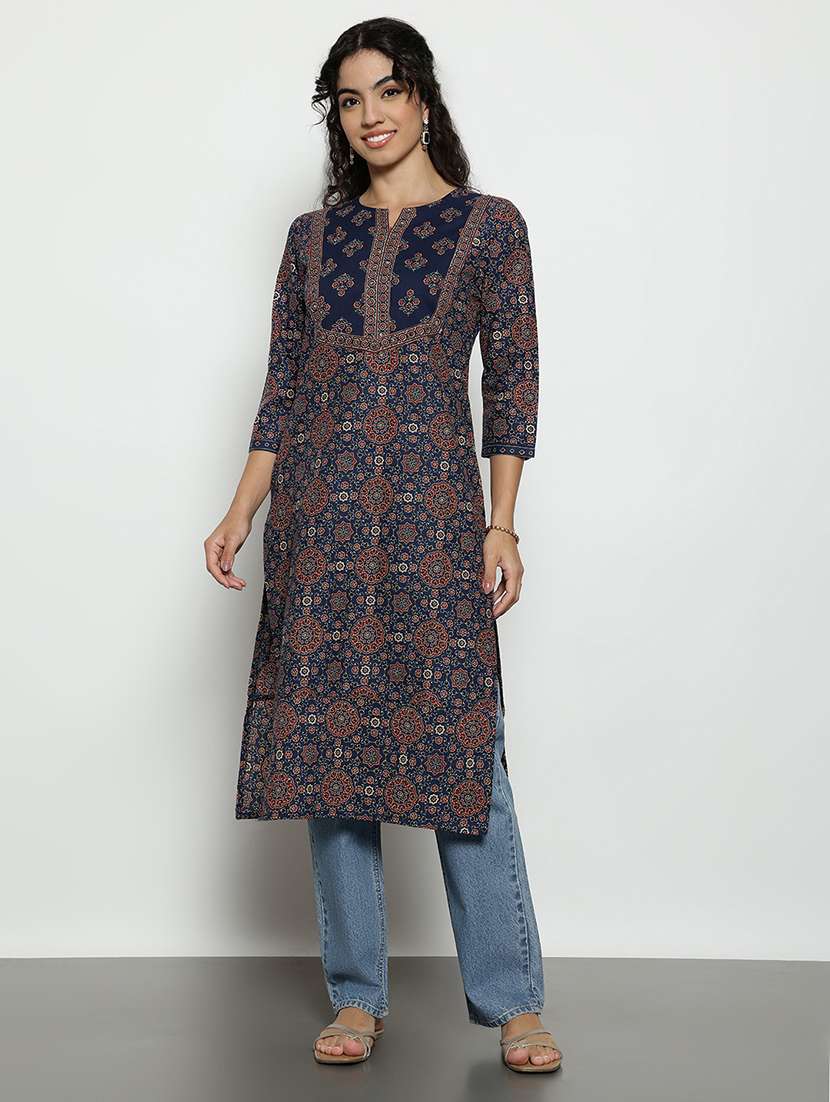 women printed three quarter sleeves straight kurta - 22540263 -  Standard Image - 2