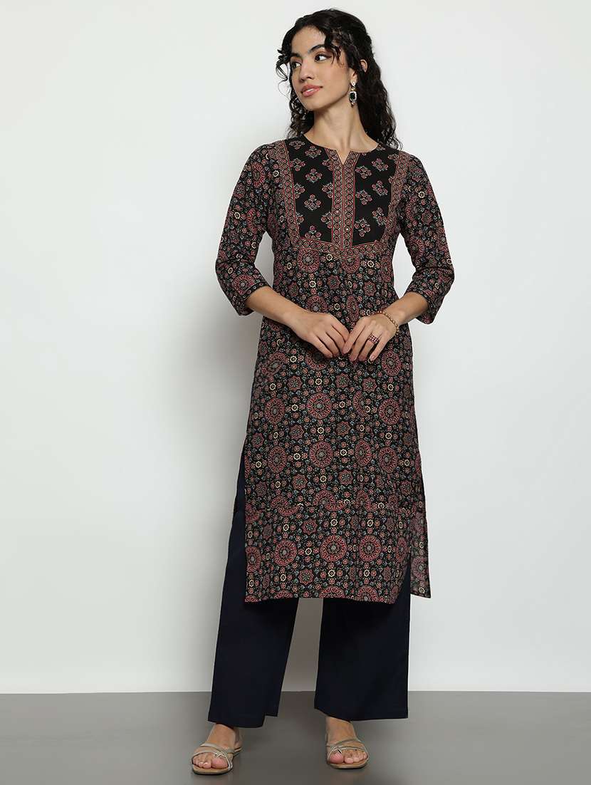 women printed three quarter sleeves straight kurta - 22540264 -  Standard Image - 2