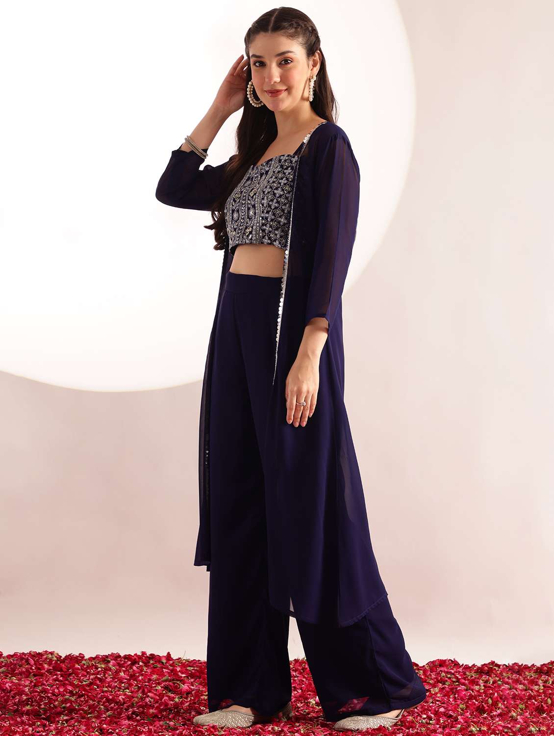 women embroidered shoulder strap top and palazzo fusion set - 22540271 -  Standard Image - 2