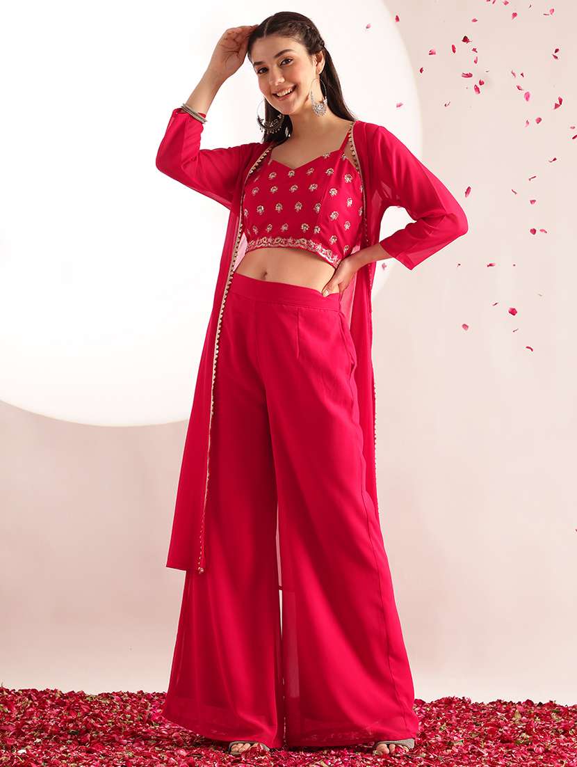 women embroidered shoulder strap top and palazzo fusion set