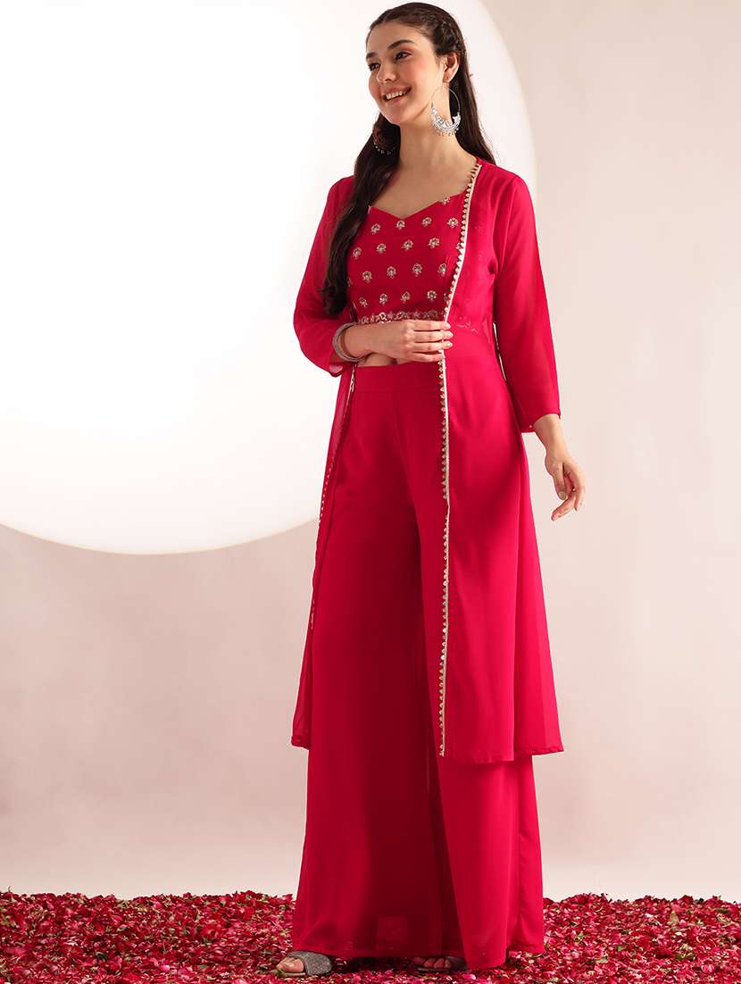 women embroidered shoulder strap top and palazzo fusion set - 22540272 -  Standard Image - 2