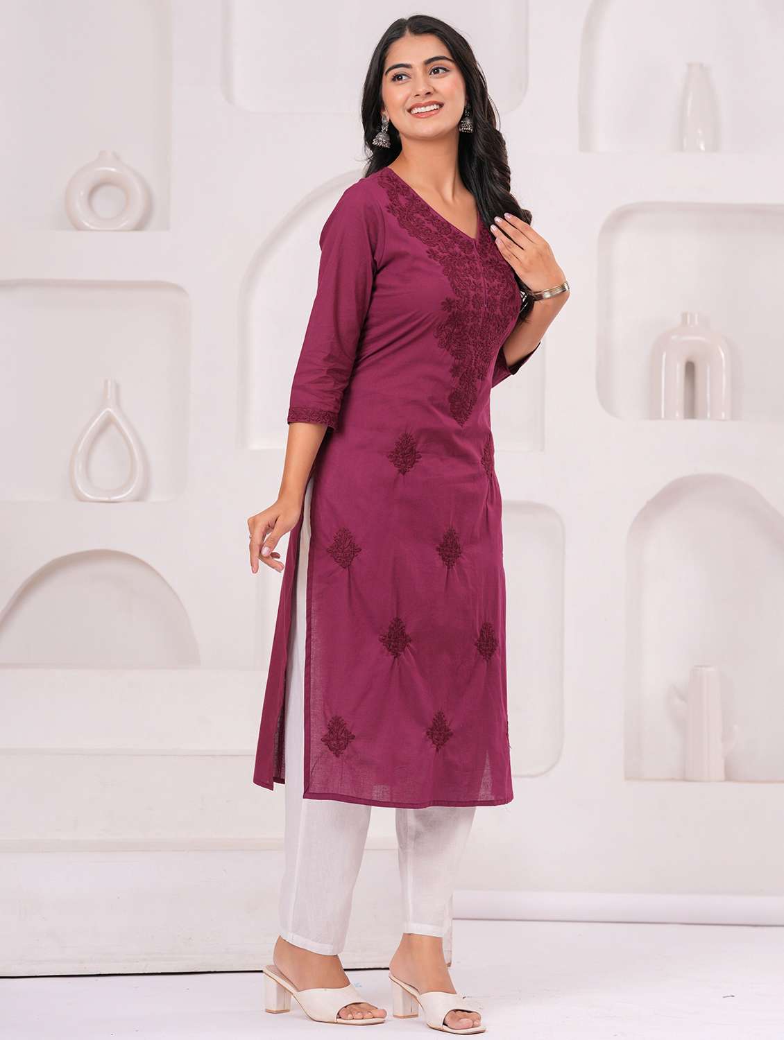 women solid with work three quarter sleeve straight kurta - 22540314 -  Standard Image - 2