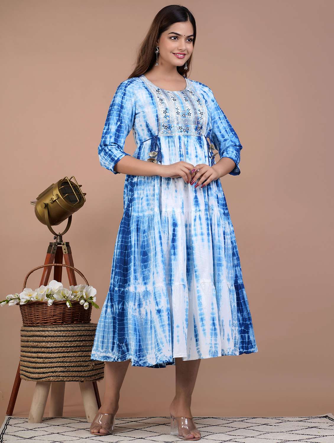 women tie & dye printed three quarter sleeve ethnic dress - 22540329 -  Standard Image - 2