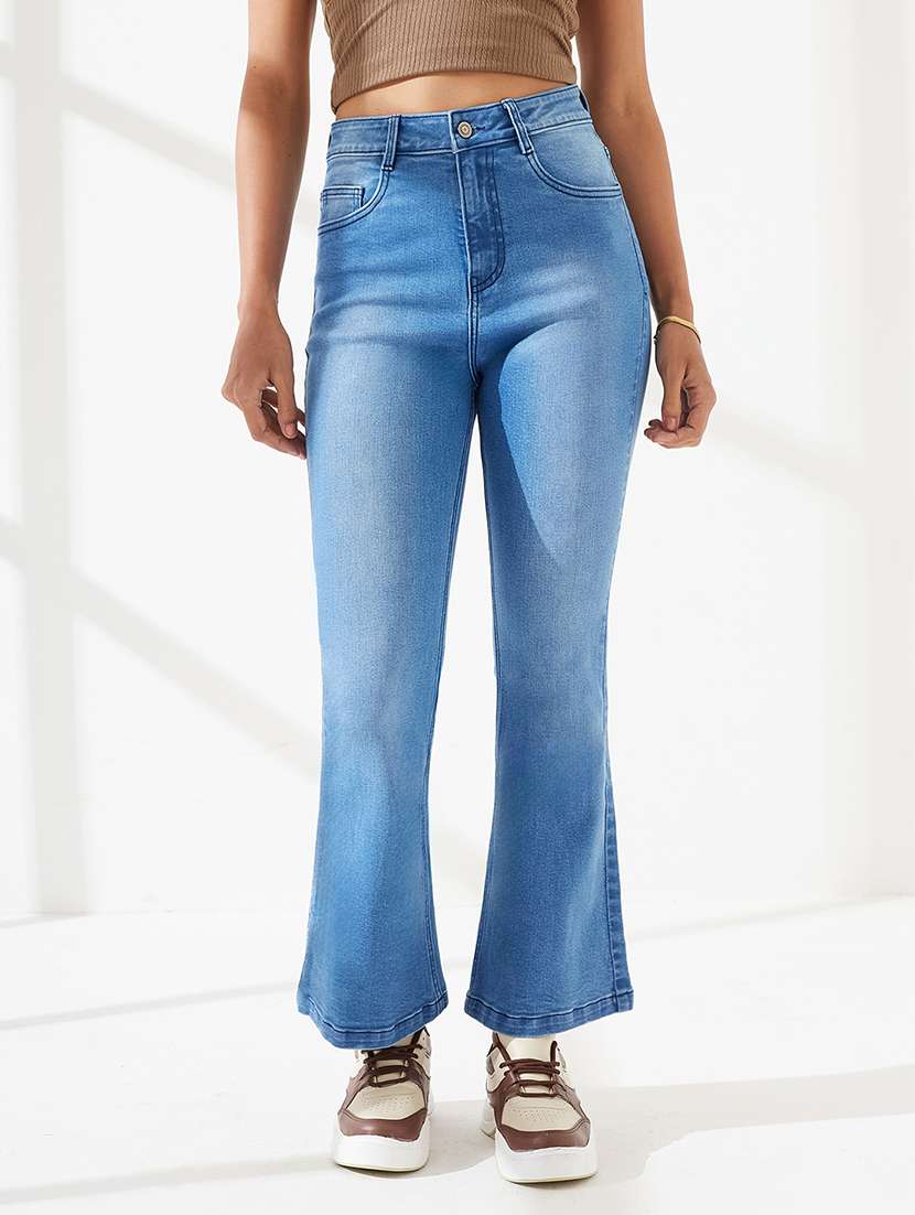 women solid high rise bootcut jeans