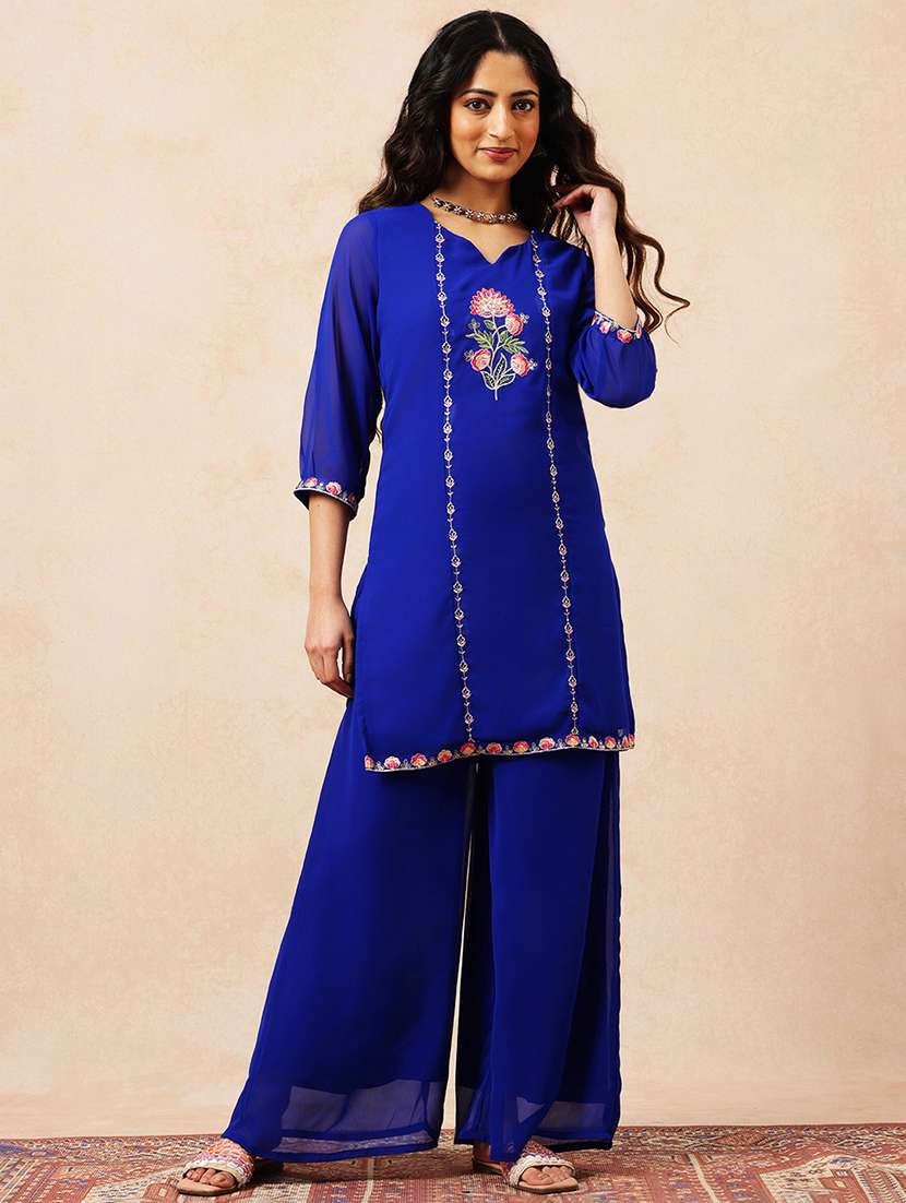 women embroidered three quarter sleeves kurta palazzo set - 22540460 -  Standard Image - 2