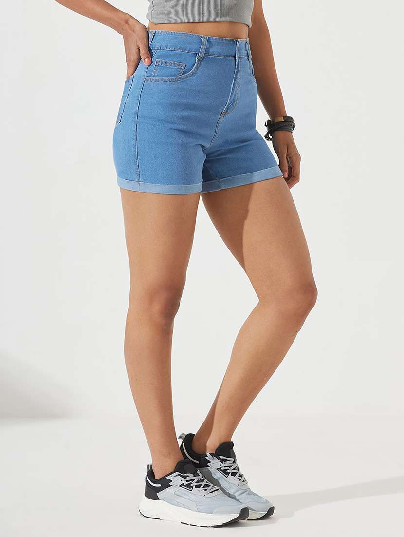 women solid high rise denim shorts