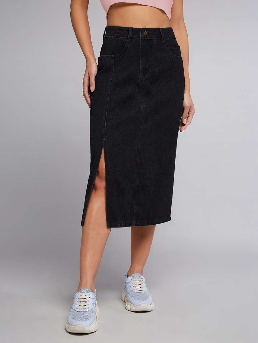 women solid high rise denim skirt