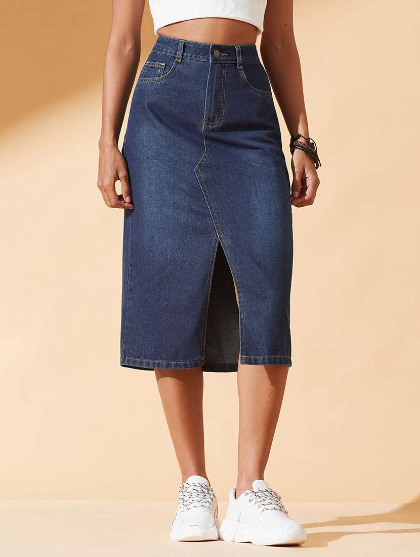 women solid high rise denim skirt
