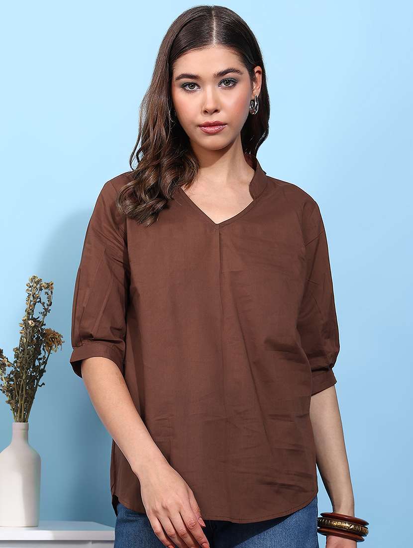 women solid mandarin neck regular top - 22540547 -  Standard Image - 2