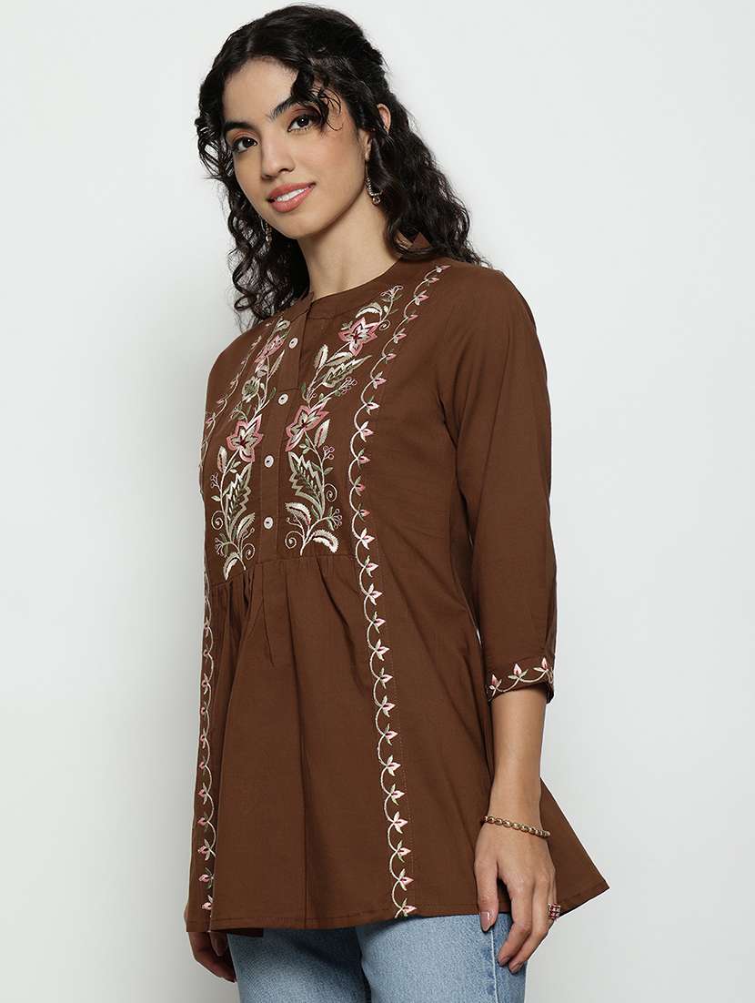 women embroidered three quarter sleeves a-line tunic - 22540558 -  Standard Image - 2