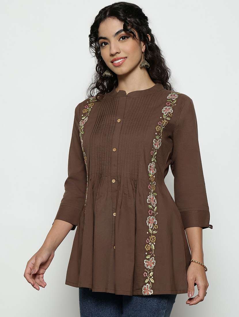 women embroidered three quarter sleeves a-line tunic - 22540561 -  Standard Image - 2