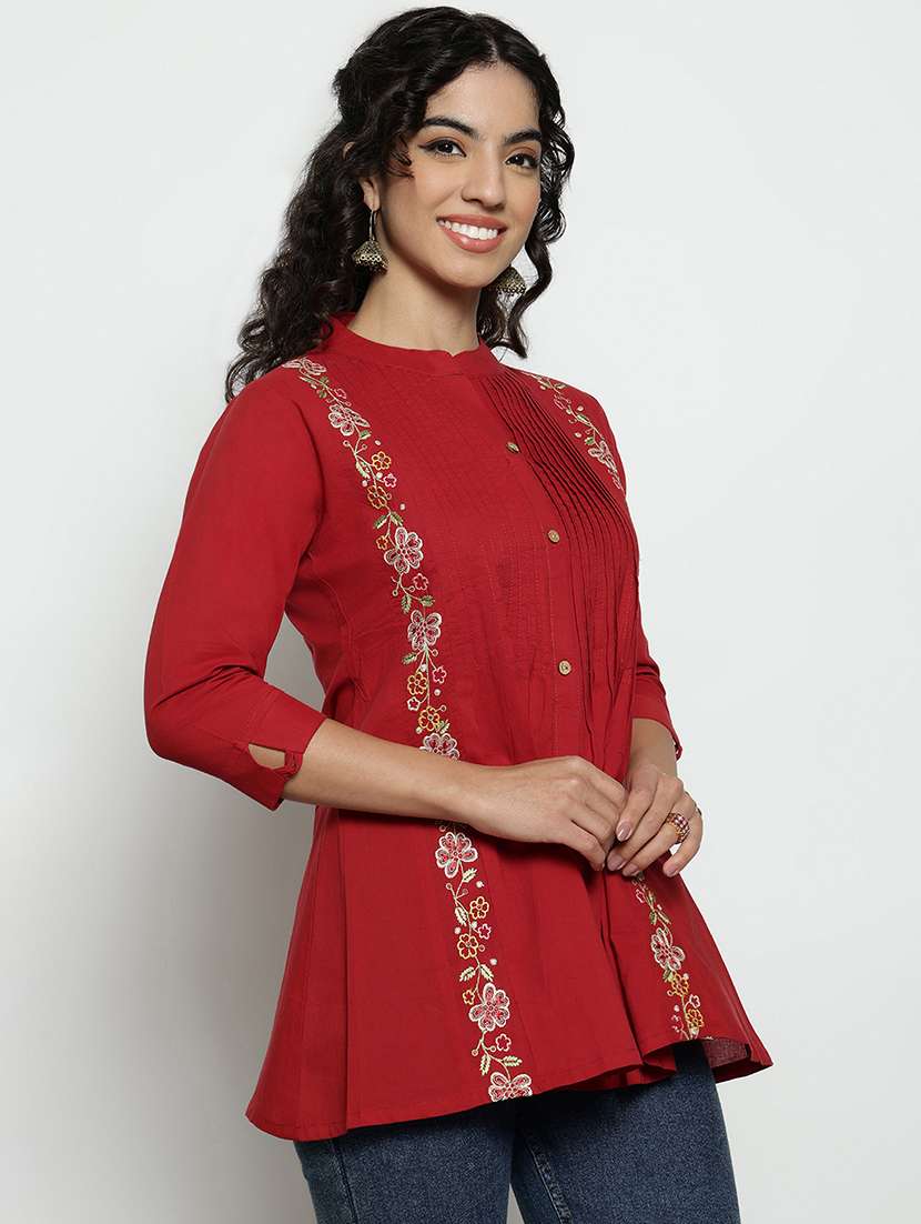 women embroidered three quarter sleeves a-line tunic - 22540562 -  Standard Image - 2