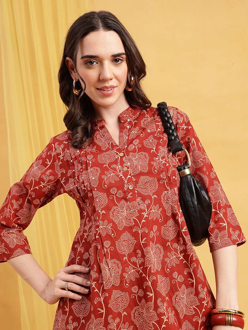 women printed three quarter sleeves a-line tunic