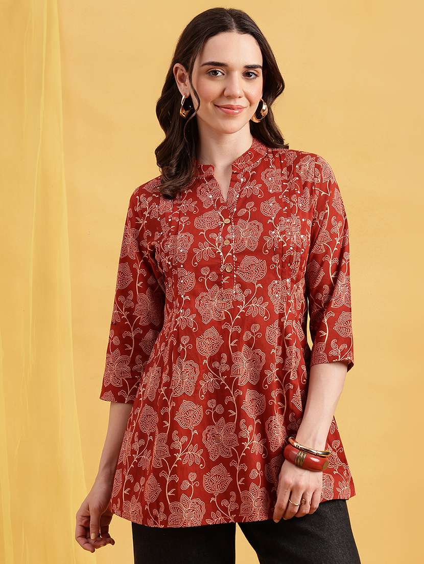 women printed three quarter sleeves a-line tunic - 22540568 -  Standard Image - 2