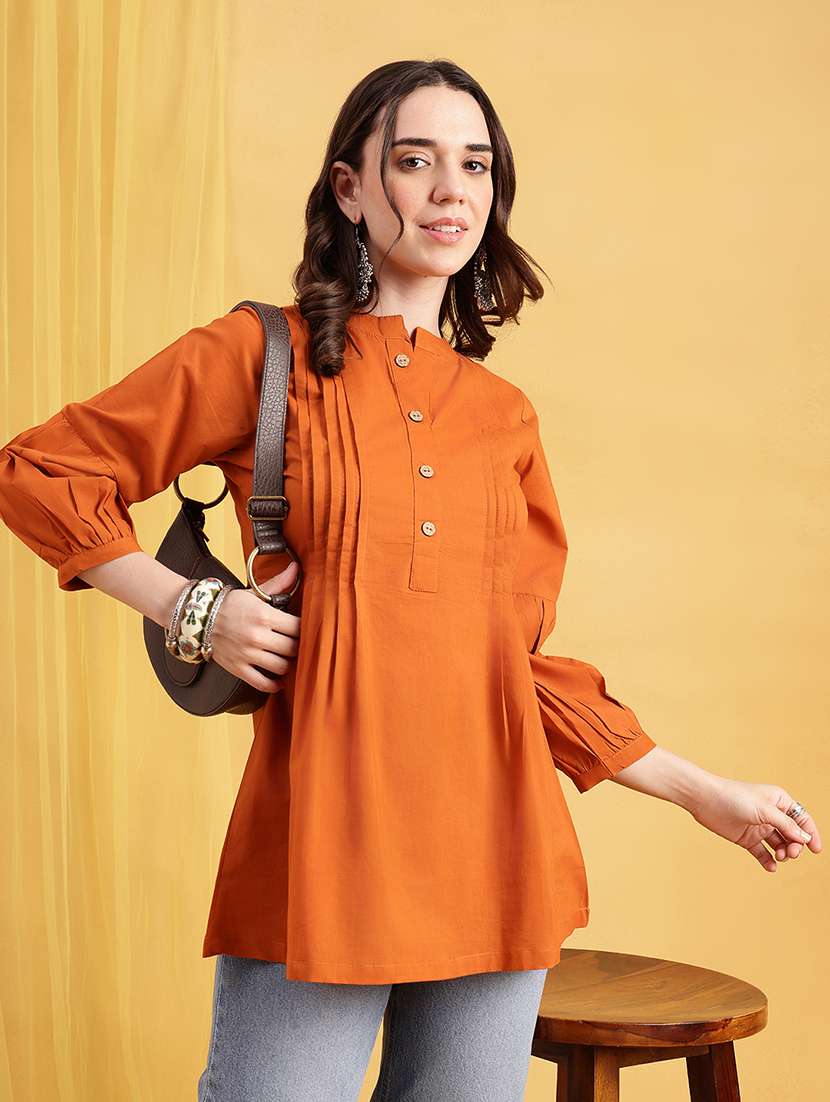 women solid three quarter sleeves a-line tunic - 22540571 -  Standard Image - 2
