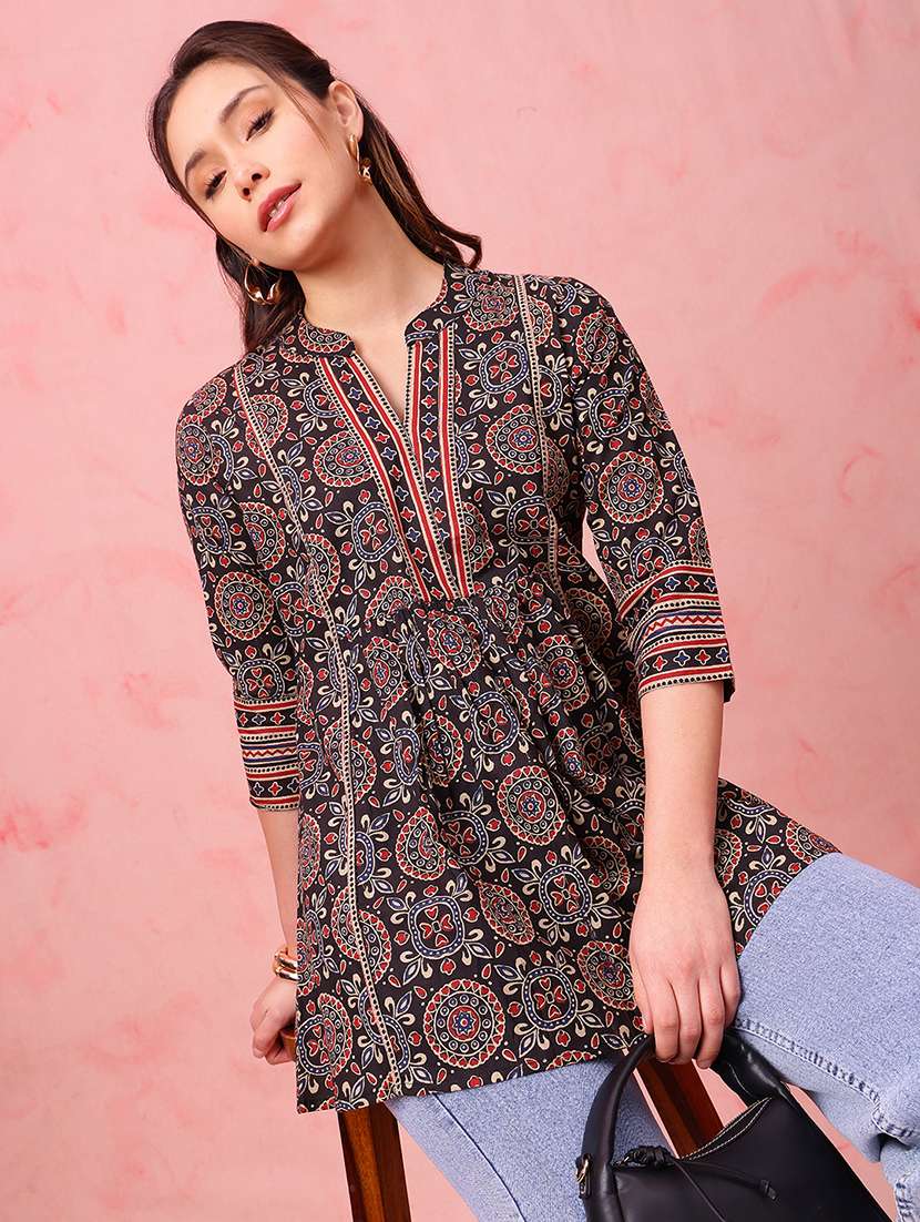 women printed three quarter sleeves a-line tunic