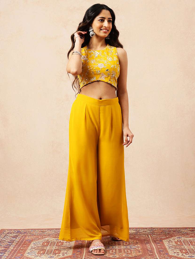 mustard yellow floral embroidered sleeveless cotton co-ord set - 22540606 -  Standard Image - 2
