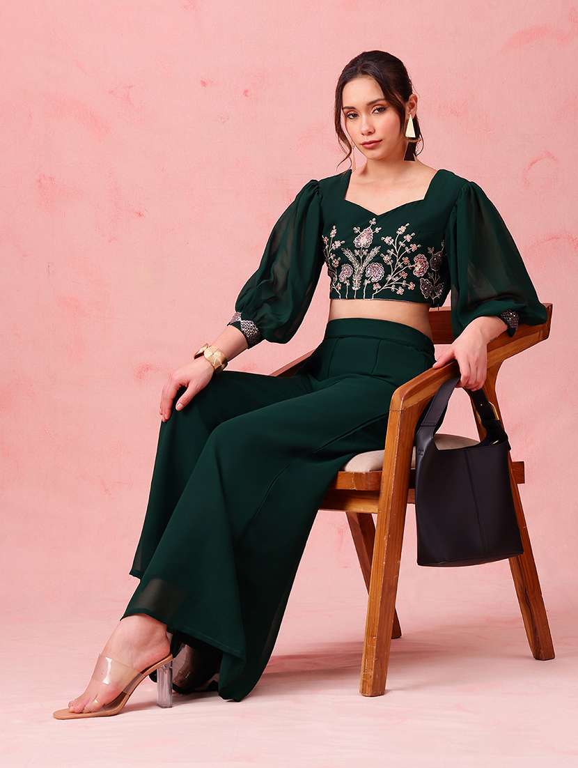 women embroidered bishop sleeves top and palazzo fusion set