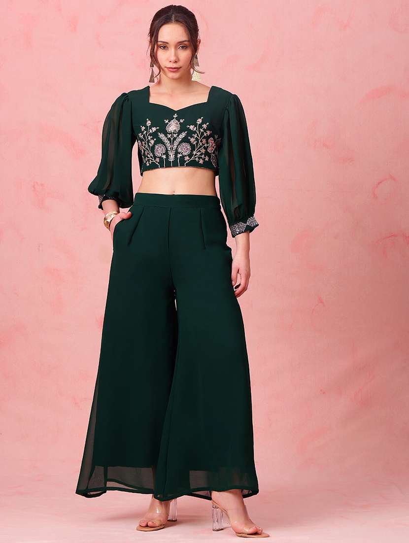 women embroidered bishop sleeves top and palazzo fusion set - 22540607 -  Standard Image - 2