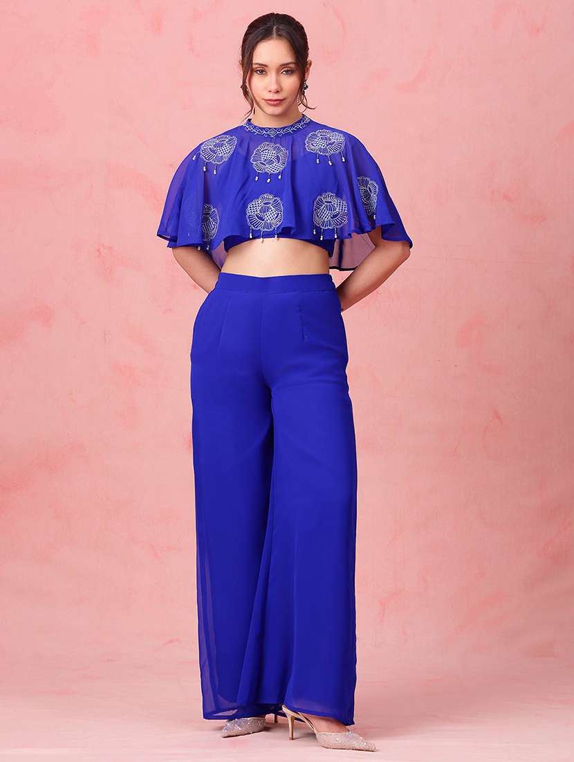 women embroidered mock neck top and palazzo fusion set - 22540608 -  Standard Image - 2
