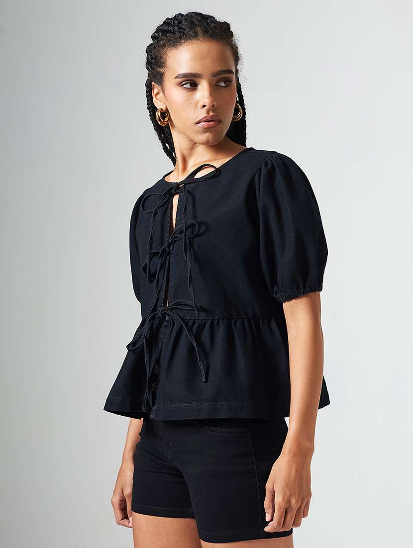 women solid puff sleeves tie up peplum top - 22540625 -  Standard Image - 2
