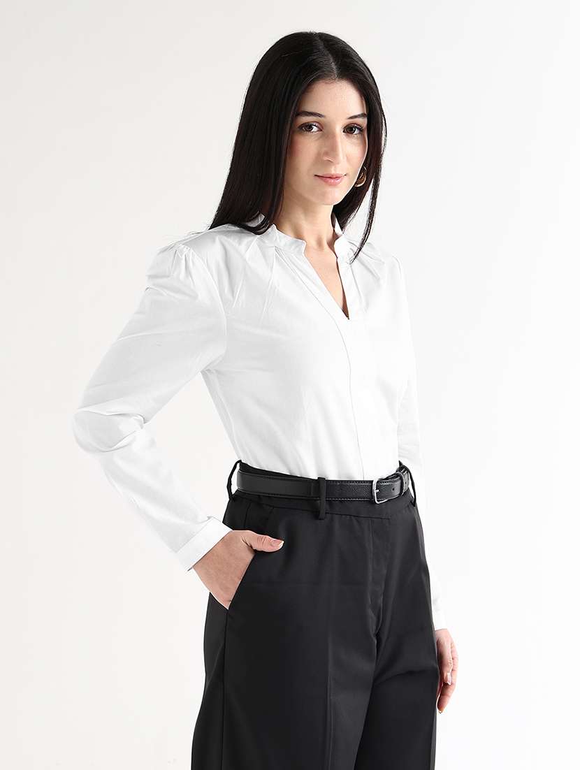 women solid mandarin neck regular top - 22541012 -  Standard Image - 2