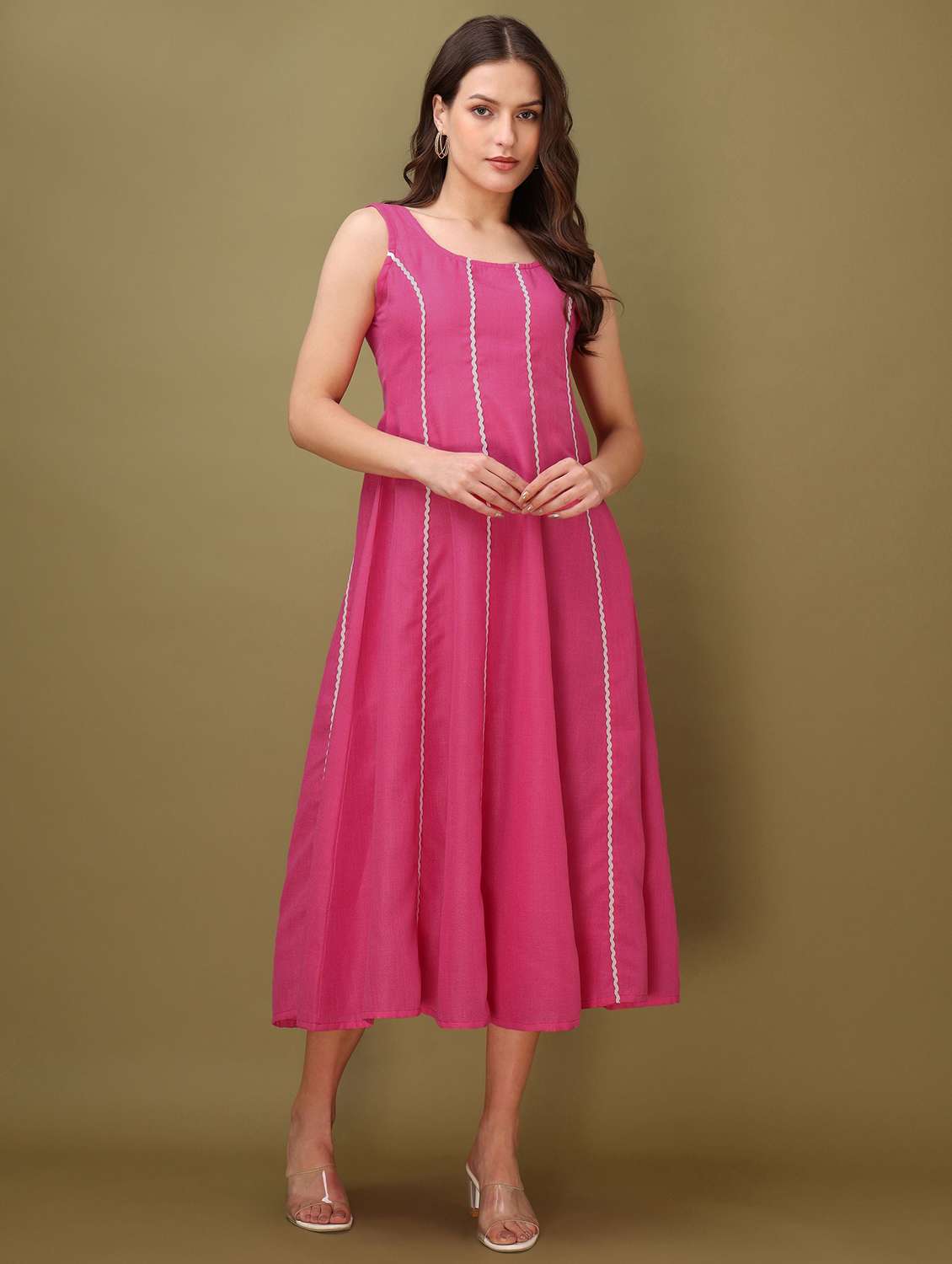women solid with work round neck fit and flare dress