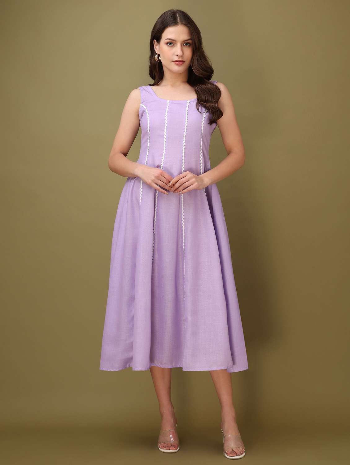 women solid with work round neck fit and flare dress