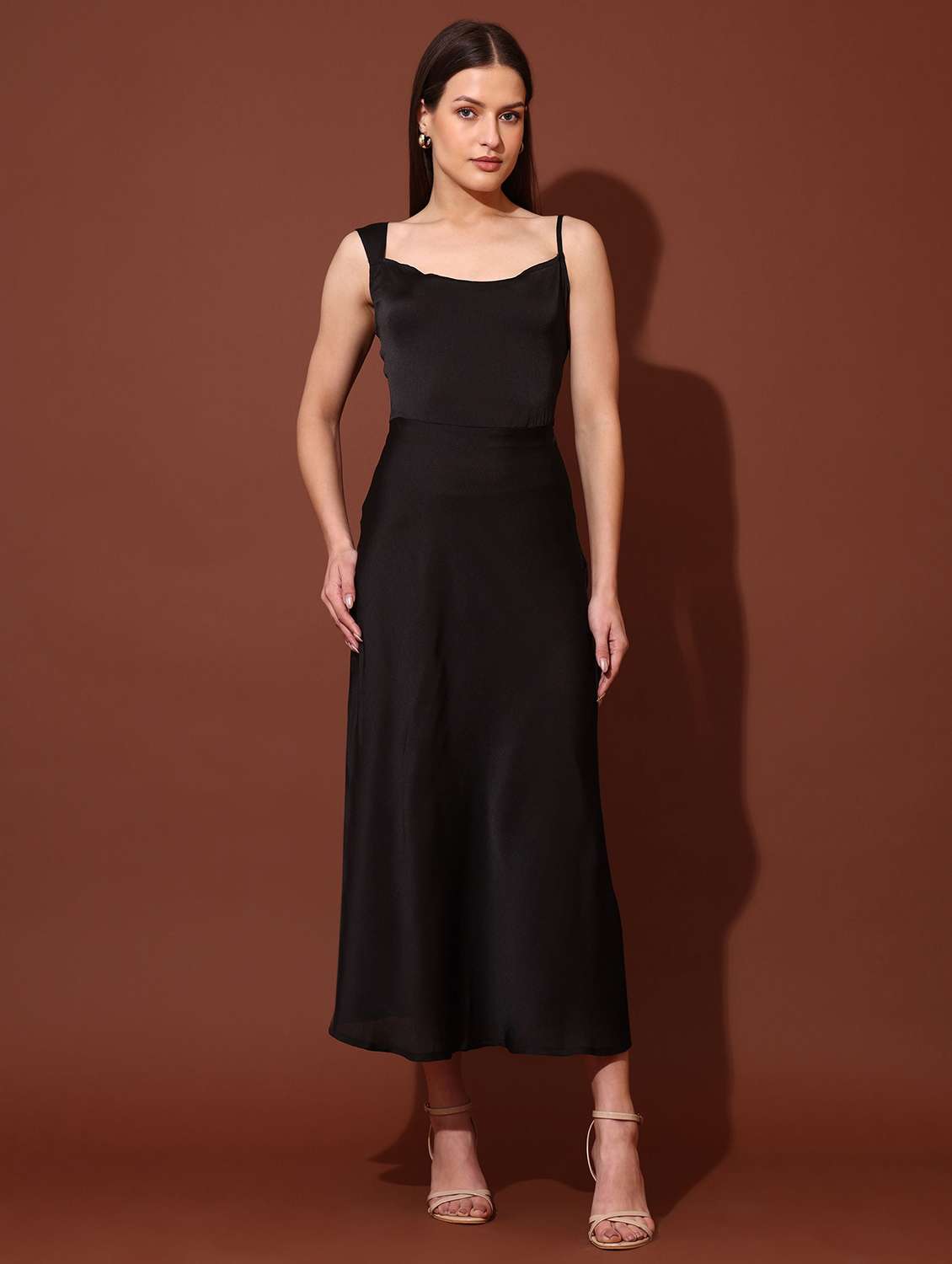 women solid shoulder strap a-line dress