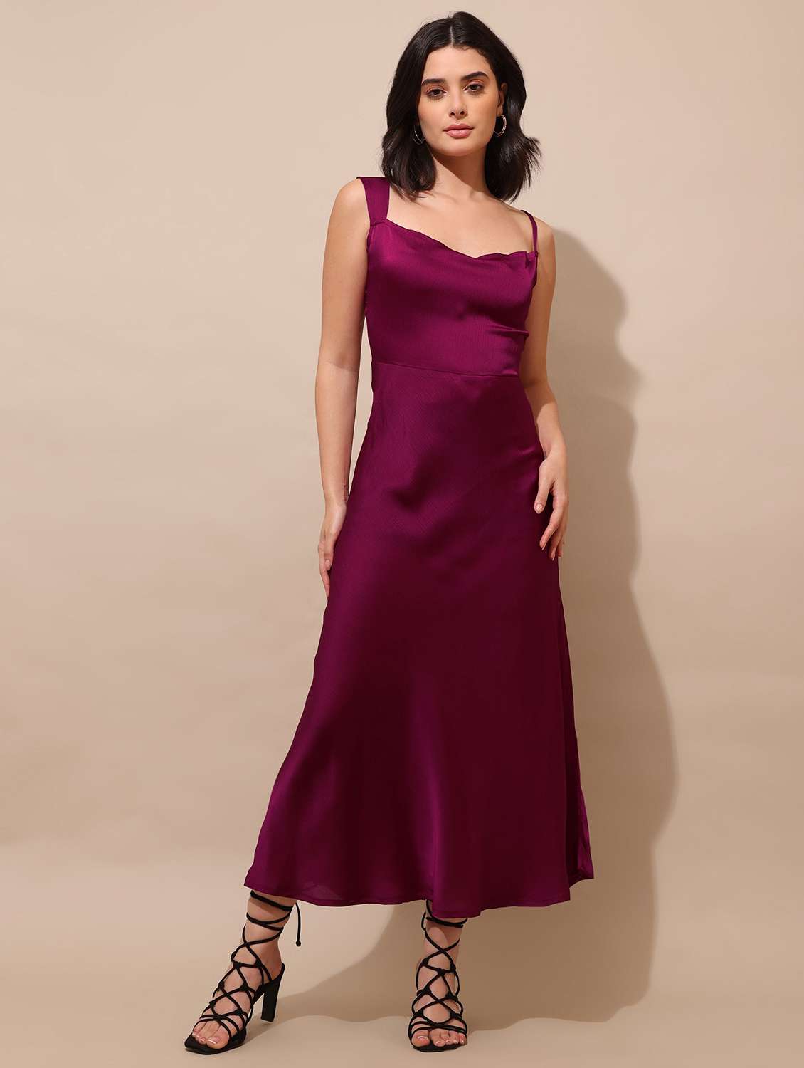 women solid shoulder strap a-line dress