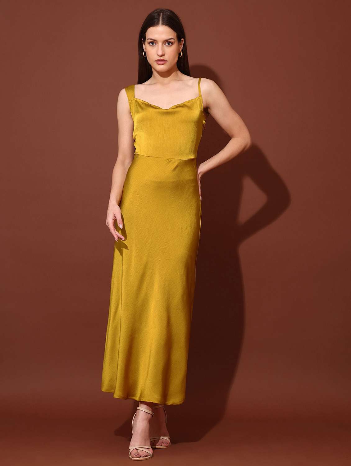 women solid shoulder strap a-line dress