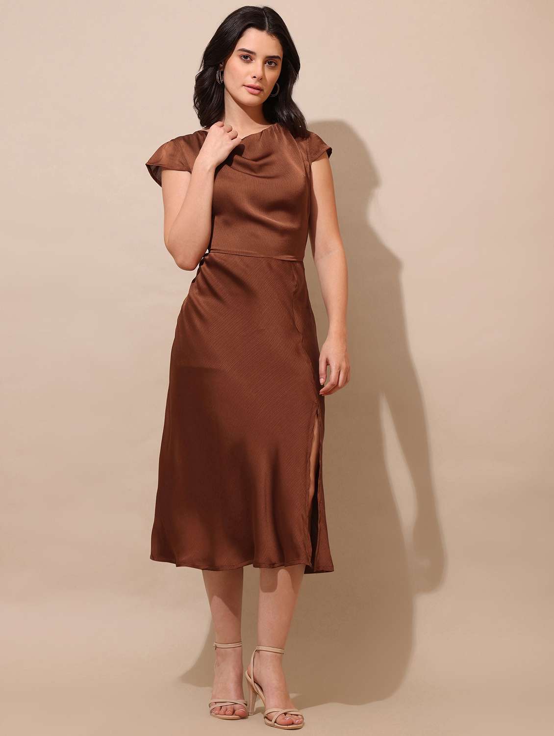 women solid cap sleeves fit and flare dress - 22541072 -  Standard Image - 2