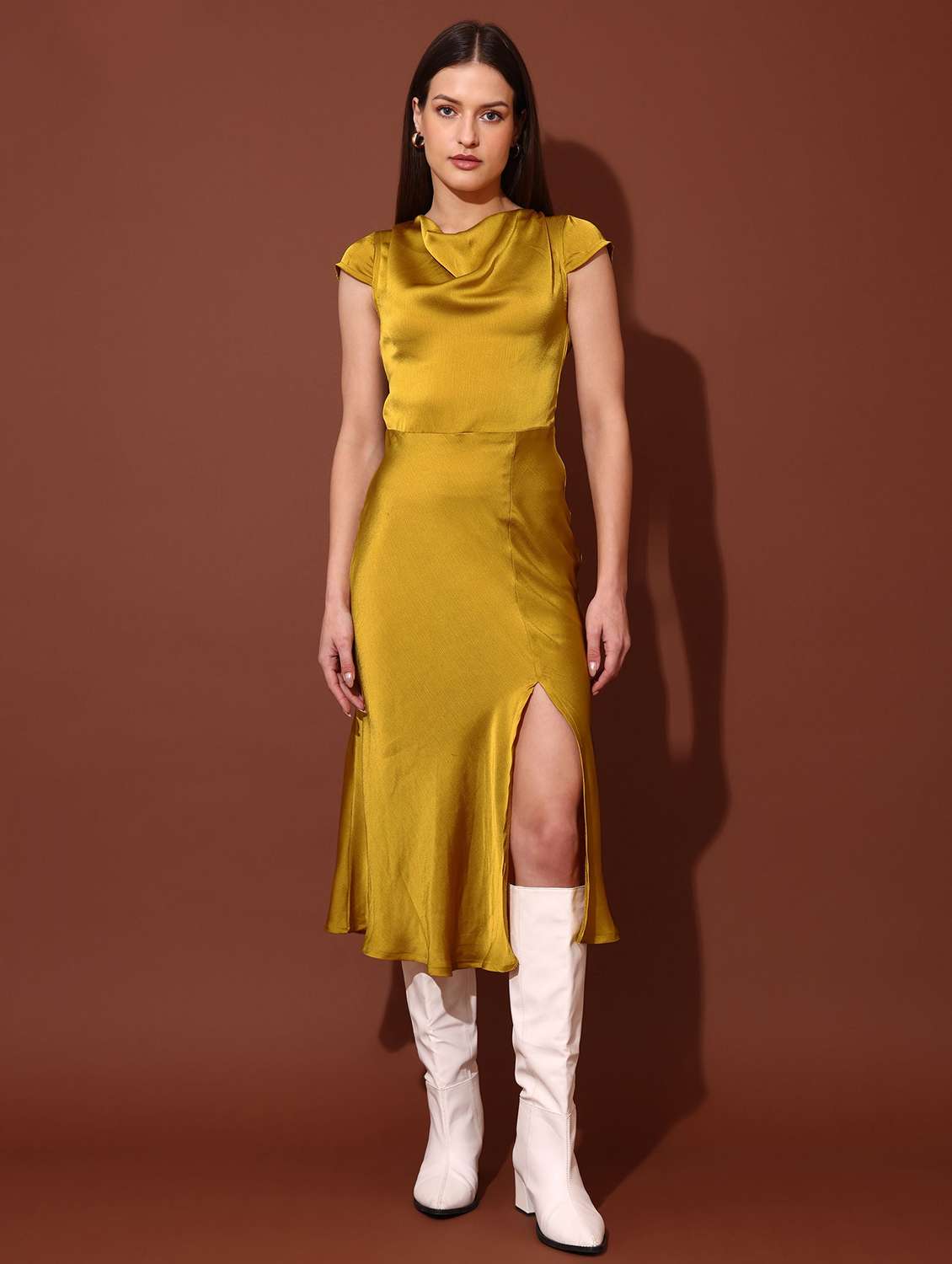 women solid cap sleeves fit and flare dress